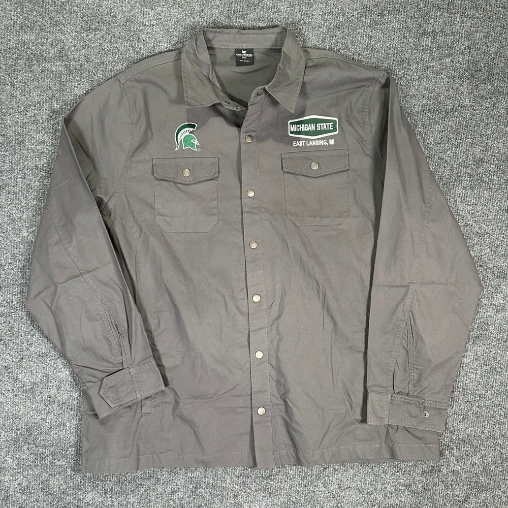 NWT Colosseum Michigan State Spartans Mens Size XXL Gray Snap Front Shirt Jacket